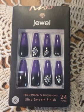 Kiss Jewel Purple to Black Ombre Press-On Nails with Rhinestones - 24 Pack